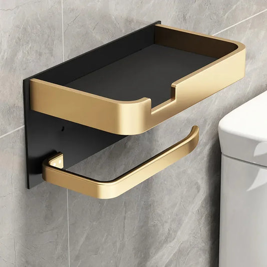 Multifunctional Black Gold Toilet Paper Holder – Wall Mount Shelf with Phone Stand & Towel Roll Storage