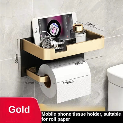 Multifunctional Black Gold Toilet Paper Holder – Wall Mount Shelf with Phone Stand & Towel Roll Storage