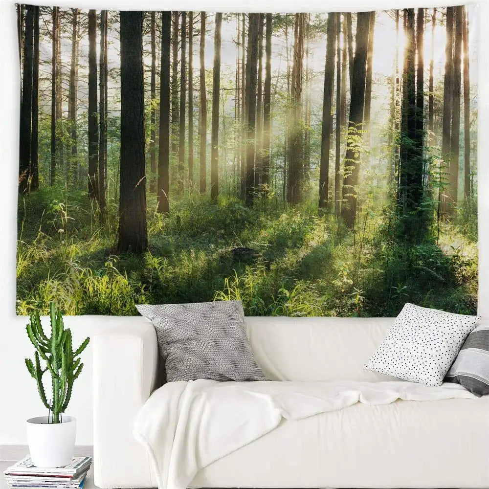 Misty Morning Forest Tapestry Landscape Wall Decoration Inspirational Home Decor for Living Room Bedroom Dorm Nature Green Fresh Woodland