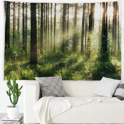 Misty Morning Forest Tapestry Landscape Wall Decoration Inspirational Home Decor for Living Room Bedroom Dorm Nature Green Fresh Woodland