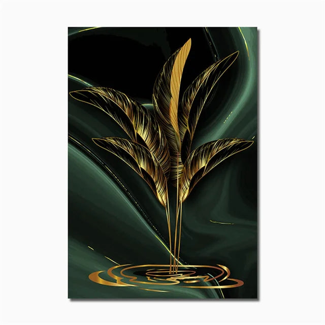 Modern Abstract Gold Green Black Leaf 3-Piece Canvas Painting: A Luxurious Tropical Accent