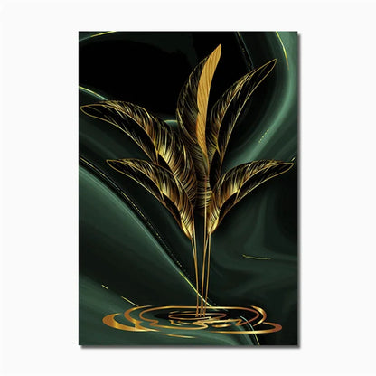 Modern Abstract Gold Green Black Leaf 3-Piece Canvas Painting: A Luxurious Tropical Accent