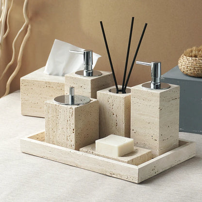 Solid Travertine Marble Bathroom Accessories – Natural Beige Stone Soap Dispenser, Tissue Box, Toilet Brush Holder, Soap Dish, Reed Diffuser & Vanity Tray