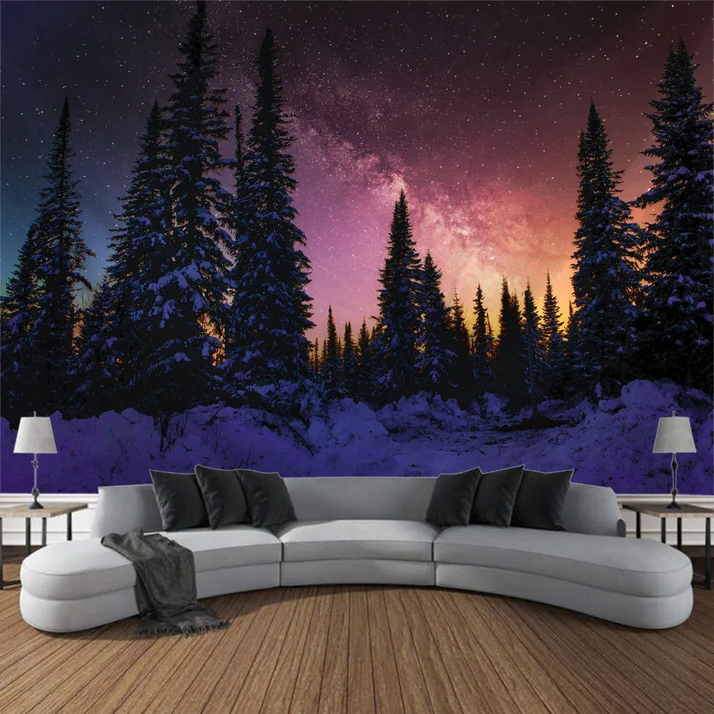 Starry Night Sky Wilderness Forest Backdrop Tapestry Wall Decoration Inspirational Mountain Forest Landscape Hanging Tapestry Creative Artistic Home Decor