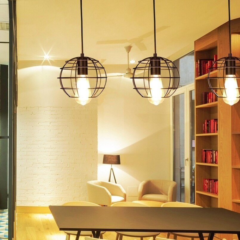 Vintage Retro Iron Cage LED Pendant Ceiling Lamps For Living Room Dining Room Cafe Bar Diner Workshop Home Office Interior Lighting