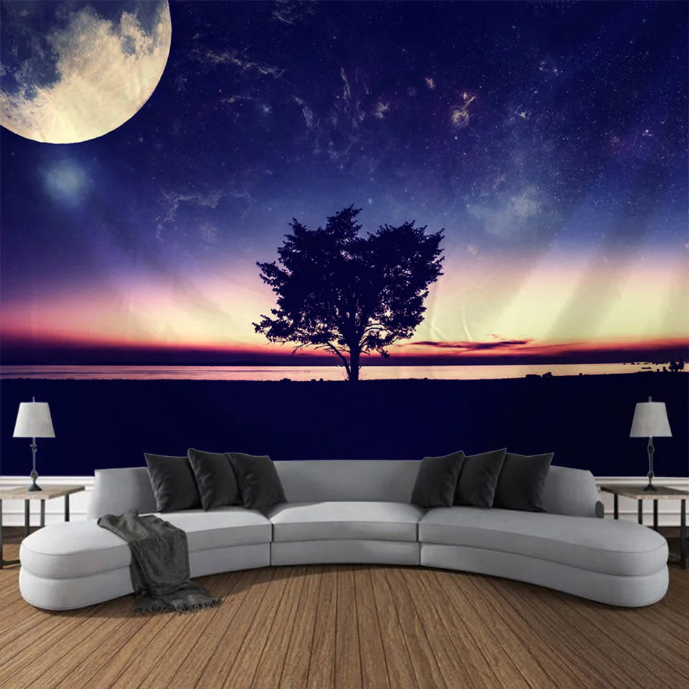 Starry Night Sky Wilderness Forest Backdrop Tapestry Wall Decoration Inspirational Mountain Forest Landscape Hanging Tapestry Creative Artistic Home Decor