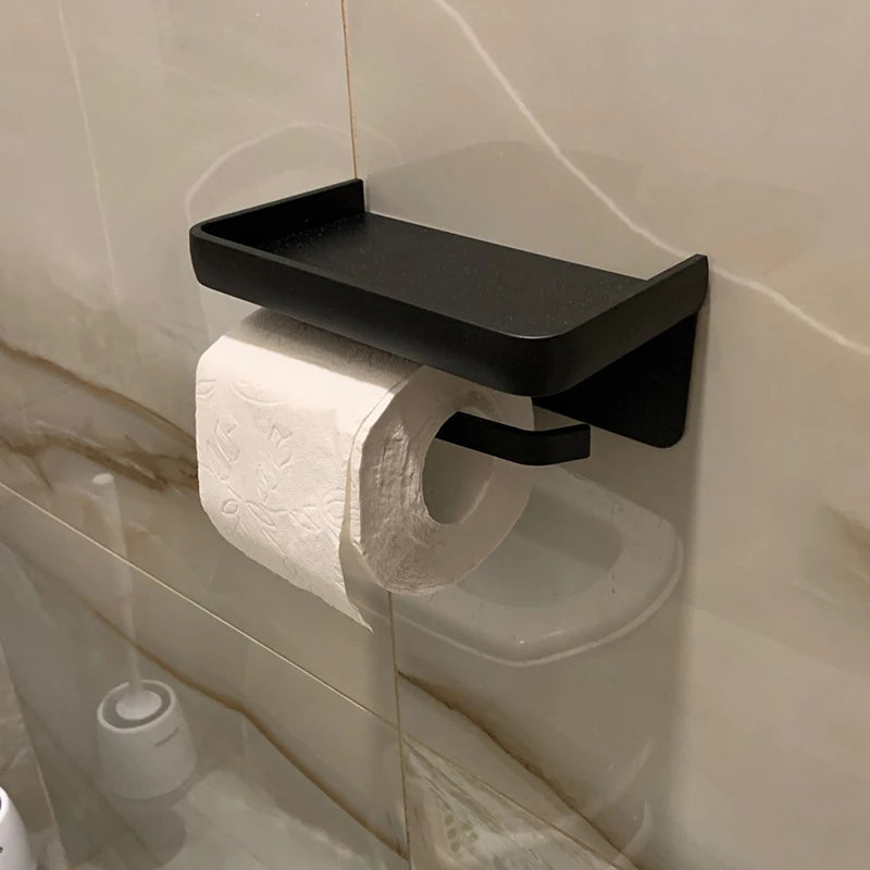 Stylish Gunmetal Aluminum Toilet Roll Holder With Integrated Shelf For iPhone Wall Mounted WC Phone Holder Shelf Towel Roll Shelf Modern Bathroom Accessories