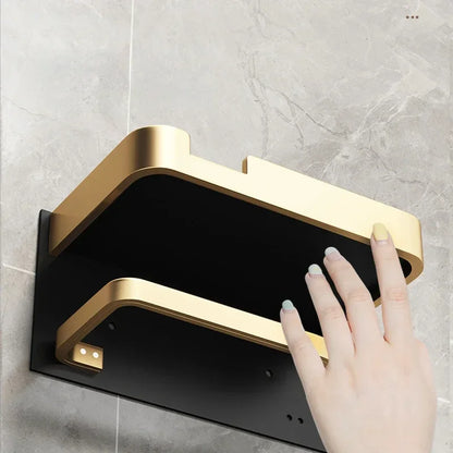 Multifunctional Black Gold Toilet Paper Holder – Wall Mount Shelf with Phone Stand & Towel Roll Storage
