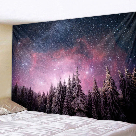 Starry Night Sky Wilderness Forest Backdrop Tapestry Wall Decoration Inspirational Mountain Forest Landscape Hanging Tapestry Creative Artistic Home Decor