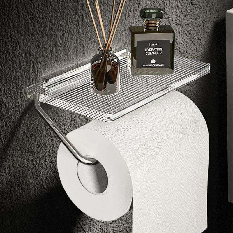 Luxury Golden Loo Roll Holder Gold Space Aluminum With Acrylic Shelf For Holding Pots & Cosmetics etc No Drilling Required