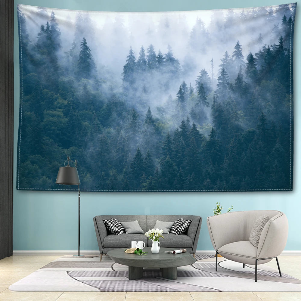 Nordic Style Misty Forest Tapestry Natural Art Landscape Wall Hanging Decoration Inspirational Calming Home Decor for Living Room Bedroom