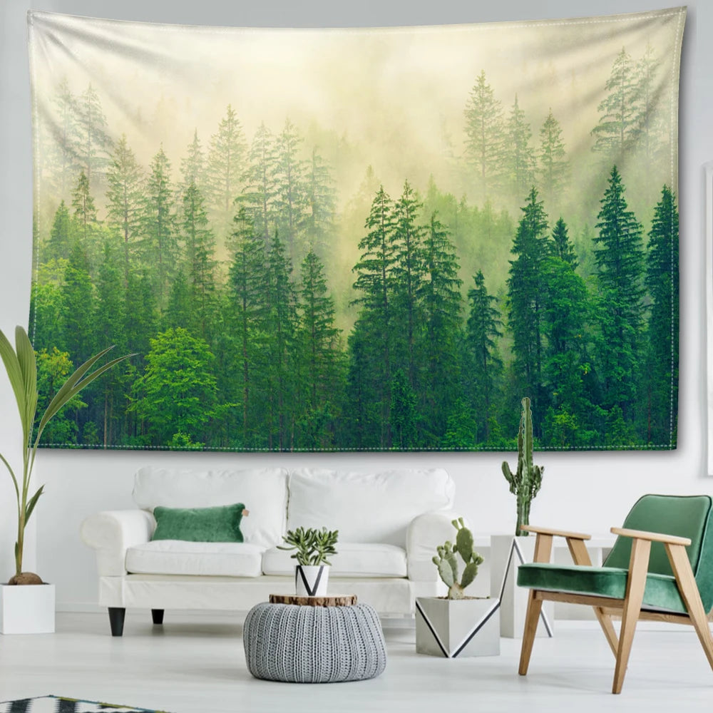 Nordic Style Misty Forest Tapestry Natural Art Landscape Wall Hanging Decoration Inspirational Calming Home Decor for Living Room Bedroom