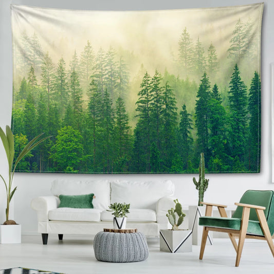 Nordic Style Misty Forest Tapestry Natural Art Landscape Wall Hanging Decoration Inspirational Calming Home Decor for Living Room Bedroom