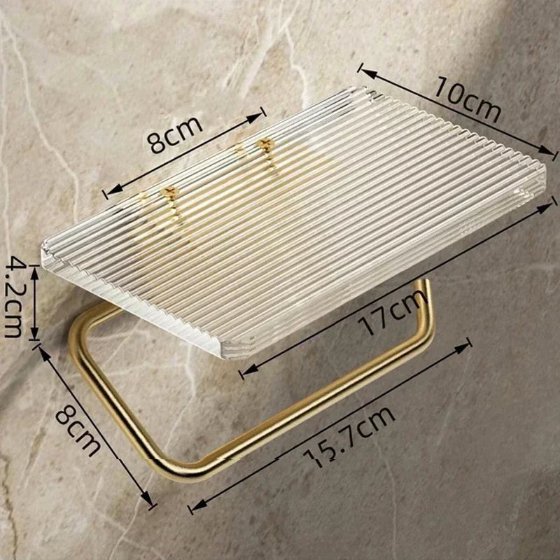 Luxury Golden Loo Roll Holder Gold Space Aluminum With Acrylic Shelf For Holding Pots & Cosmetics etc No Drilling Required