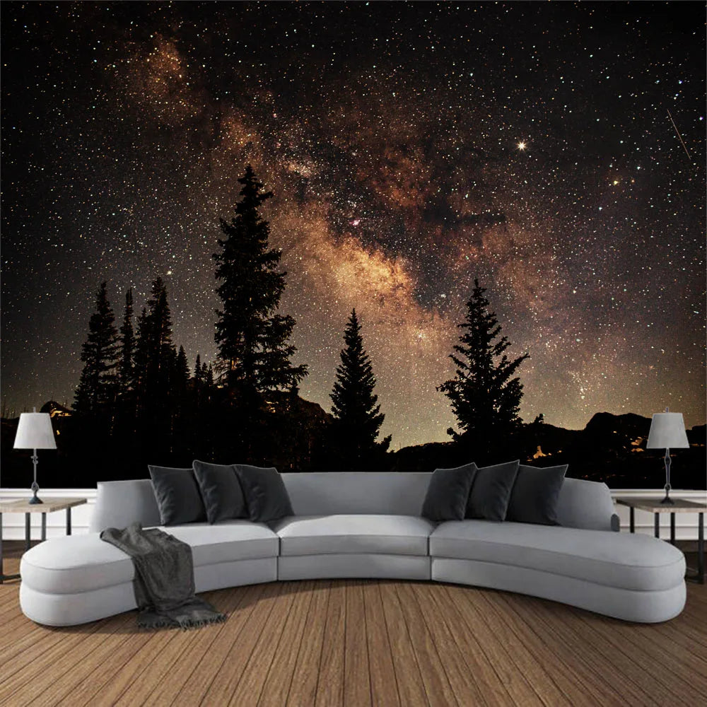 Starry Night Sky Wilderness Forest Backdrop Tapestry Wall Decoration Inspirational Mountain Forest Landscape Hanging Tapestry Creative Artistic Home Decor