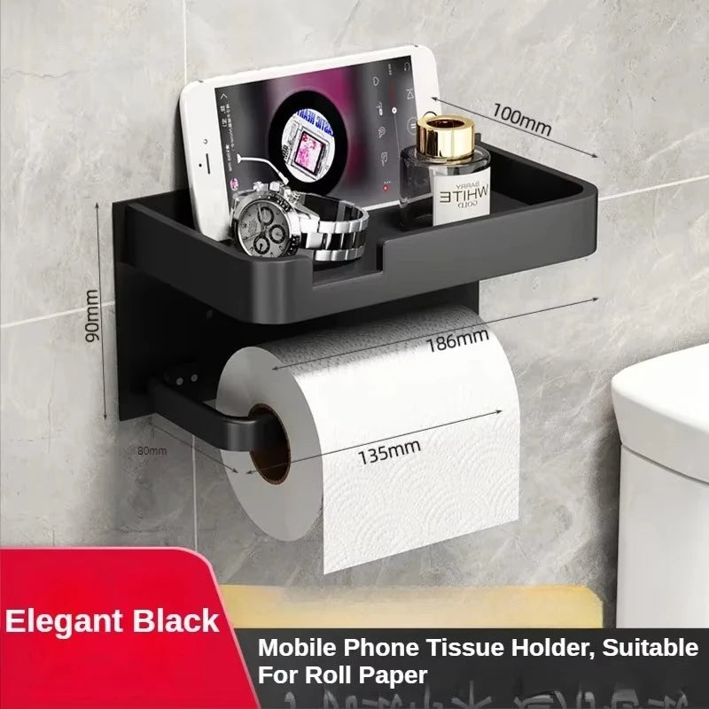 Multifunctional Black Gold Toilet Paper Holder – Wall Mount Shelf with Phone Stand & Towel Roll Storage
