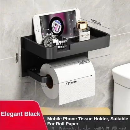 Multifunctional Black Gold Toilet Paper Holder – Wall Mount Shelf with Phone Stand & Towel Roll Storage