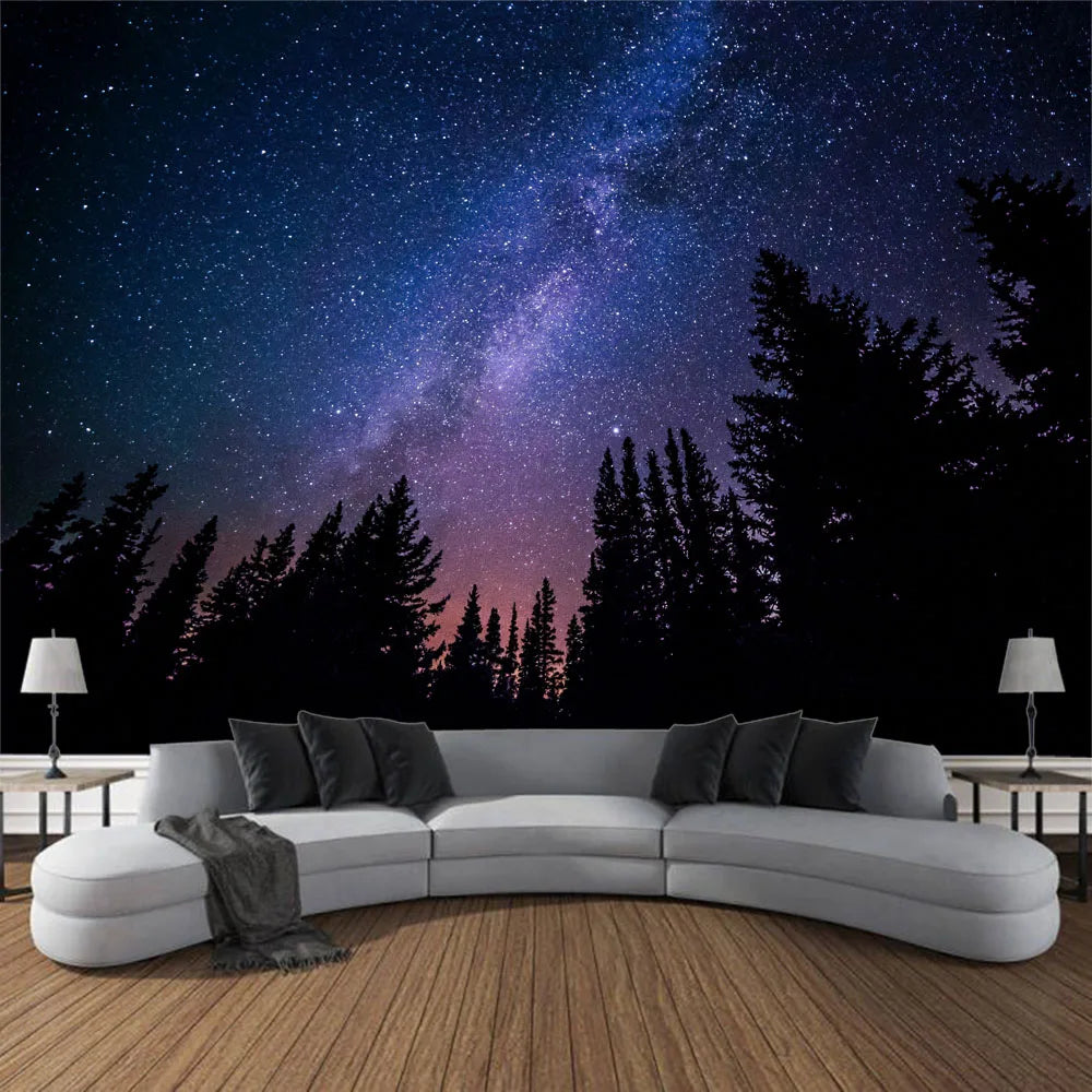 Starry Night Sky Wilderness Forest Backdrop Tapestry Wall Decoration Inspirational Mountain Forest Landscape Hanging Tapestry Creative Artistic Home Decor