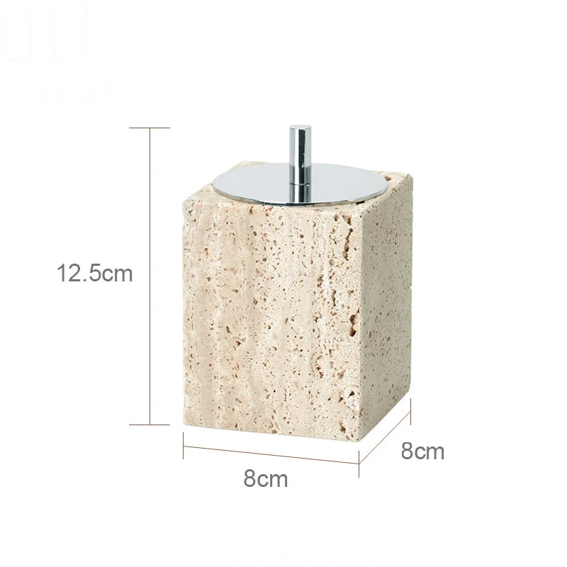 Solid Travertine Marble Bathroom Accessories – Natural Beige Stone Soap Dispenser, Tissue Box, Toilet Brush Holder, Soap Dish, Reed Diffuser & Vanity Tray