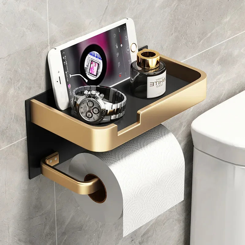 Multifunctional Black Gold Toilet Paper Holder – Wall Mount Shelf with Phone Stand & Towel Roll Storage