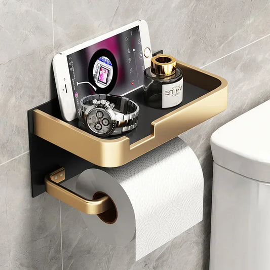 Multifunctional Black Gold Toilet Paper Holder – Wall Mount Shelf with Phone Stand & Towel Roll Storage