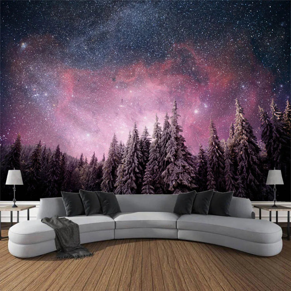 Starry Night Sky Wilderness Forest Backdrop Tapestry Wall Decoration Inspirational Mountain Forest Landscape Hanging Tapestry Creative Artistic Home Decor