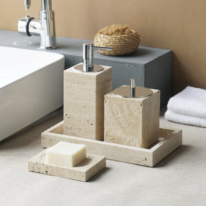 Solid Travertine Marble Bathroom Accessories – Natural Beige Stone Soap Dispenser, Tissue Box, Toilet Brush Holder, Soap Dish, Reed Diffuser & Vanity Tray