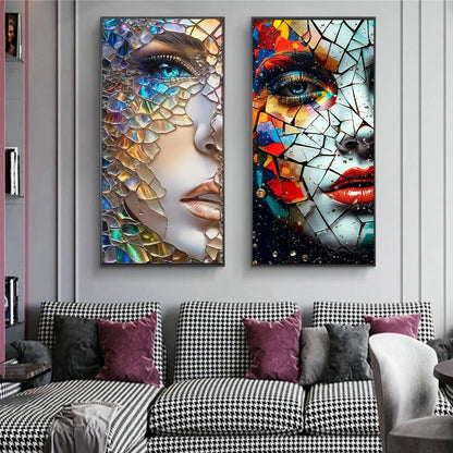 Abstract Colorful Broken Woman Face Portrait Posters: Modern Aesthetic Canvas Print Wall Art for Your Walls