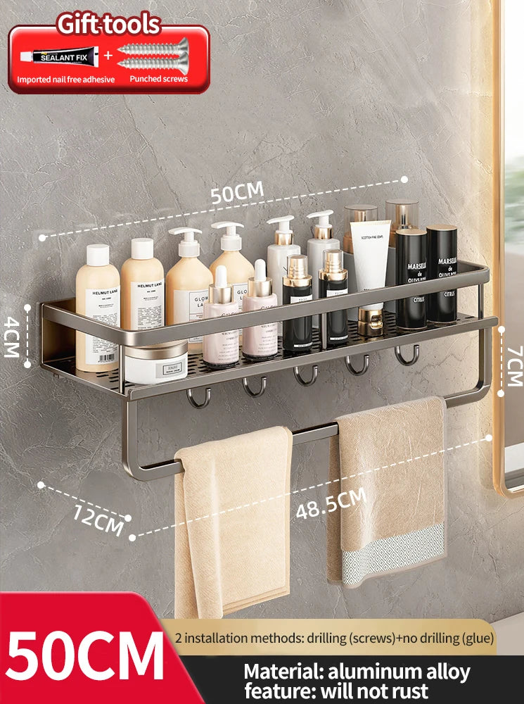 Modern Space Aluminum Bathroom Shelf 50cm Shower Racking For Cosmetics Bathroom Accessories Shelving 40cm 30cm No Drilling Required