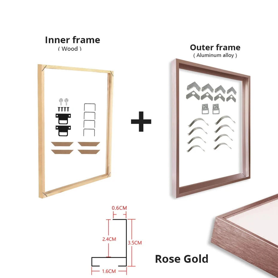 Gold & Black DIY Frame Kit – Aluminum Outer Frame with Wooden Inner Frame Gallery-Ready Canvas Display - Multiple Color Options