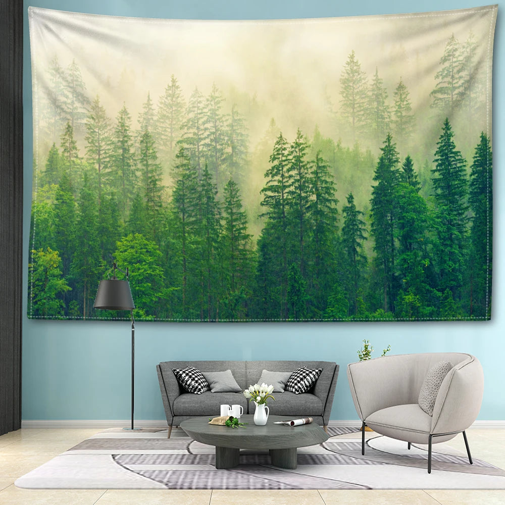 Nordic Style Misty Forest Tapestry Natural Art Landscape Wall Hanging Decoration Inspirational Calming Home Decor for Living Room Bedroom