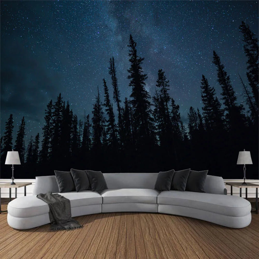 Starry Night Sky Wilderness Forest Backdrop Tapestry Wall Decoration Inspirational Mountain Forest Landscape Hanging Tapestry Creative Artistic Home Decor