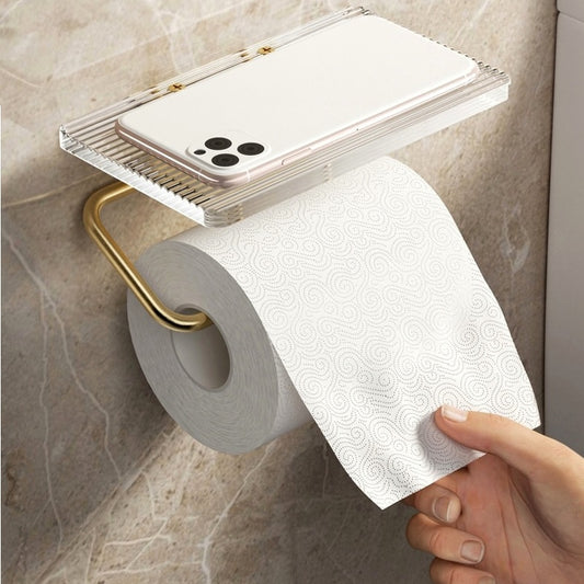 Luxury Golden Loo Roll Holder Gold Space Aluminum With Acrylic Shelf For Holding Pots & Cosmetics etc No Drilling Required