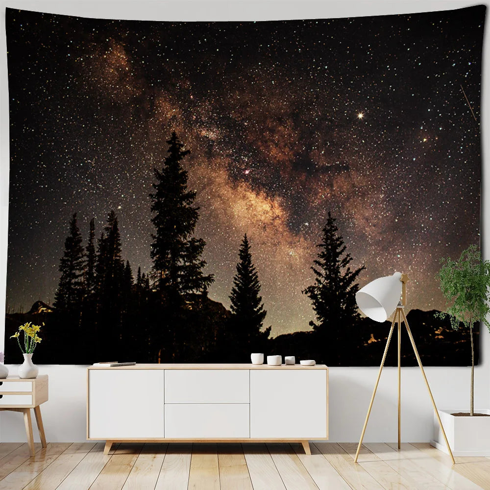 Starry Night Sky Wilderness Forest Backdrop Tapestry Wall Decoration Inspirational Mountain Forest Landscape Hanging Tapestry Creative Artistic Home Decor