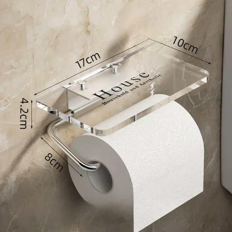 Luxury Golden Loo Roll Holder Gold Space Aluminum With Acrylic Shelf For Holding Pots & Cosmetics etc No Drilling Required
