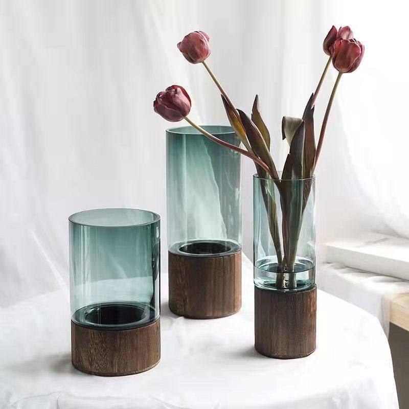 Elegant Nordic Hydroponic Plant Glass Vase with Durable Wood Base - Perfect for Home and Office Decor