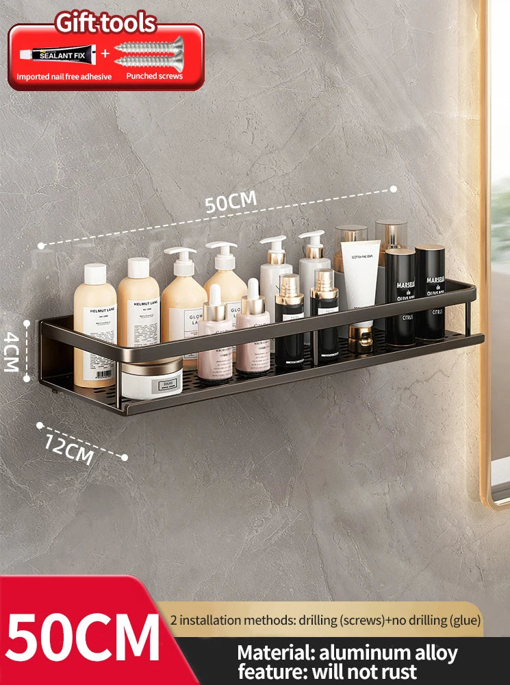 Modern Space Aluminum Bathroom Shelf 50cm Shower Racking For Cosmetics Bathroom Accessories Shelving 40cm 30cm No Drilling Required