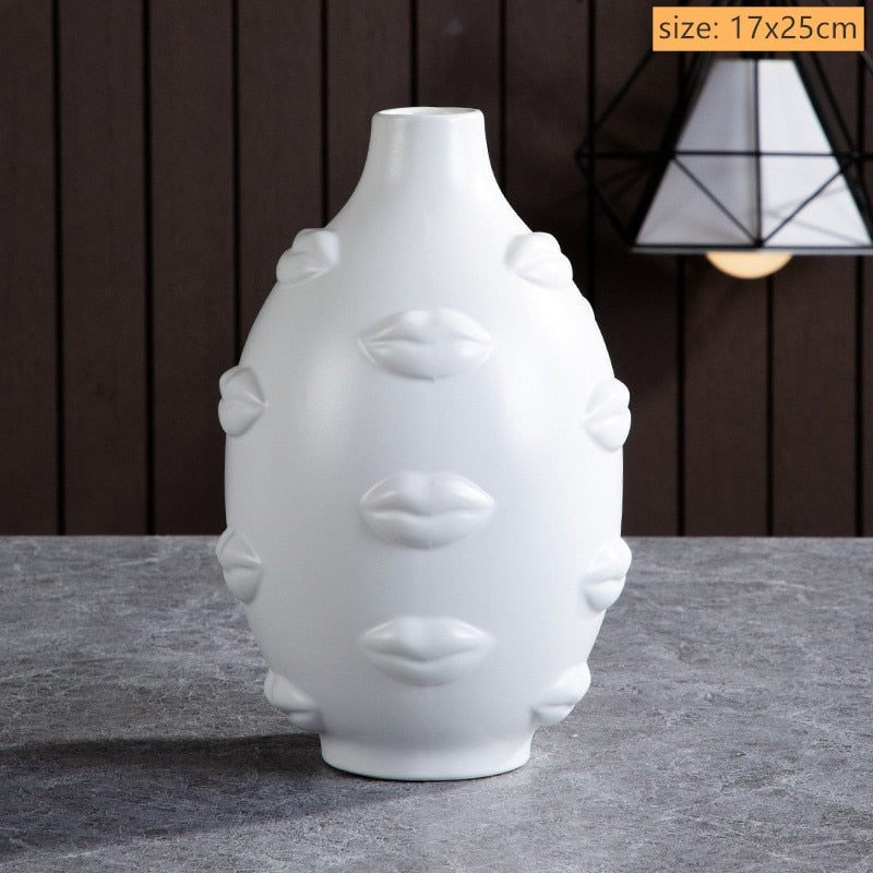 Modern Trendy Face Pot Contemporary Ceramic Human Face & Lips Flower Pot Vase For Floral Arrangements Creative Home Interior Decor