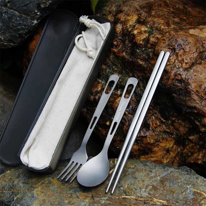 Pure Titanium Portable Tableware Set Frosted Titanium Knife Fork Spoon Chopsticks Cutlery For Camping Travel Survival Etc