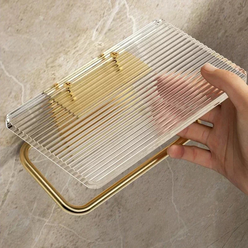 Luxury Golden Loo Roll Holder Gold Space Aluminum With Acrylic Shelf For Holding Pots & Cosmetics etc No Drilling Required