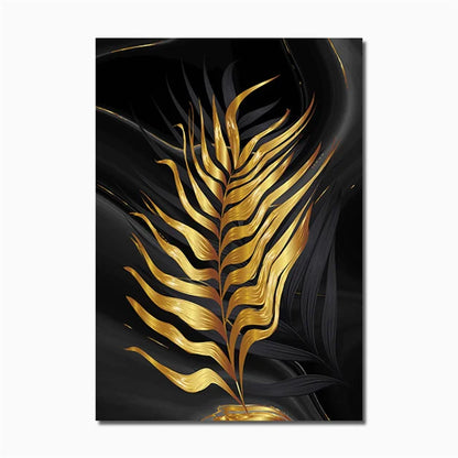 Modern Abstract Gold Green Black Leaf 3-Piece Canvas Painting: A Luxurious Tropical Accent