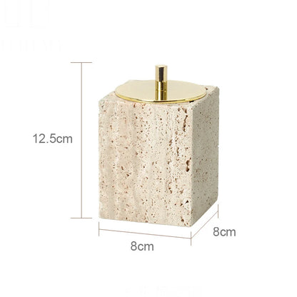 Solid Travertine Marble Bathroom Accessories – Natural Beige Stone Soap Dispenser, Tissue Box, Toilet Brush Holder, Soap Dish, Reed Diffuser & Vanity Tray