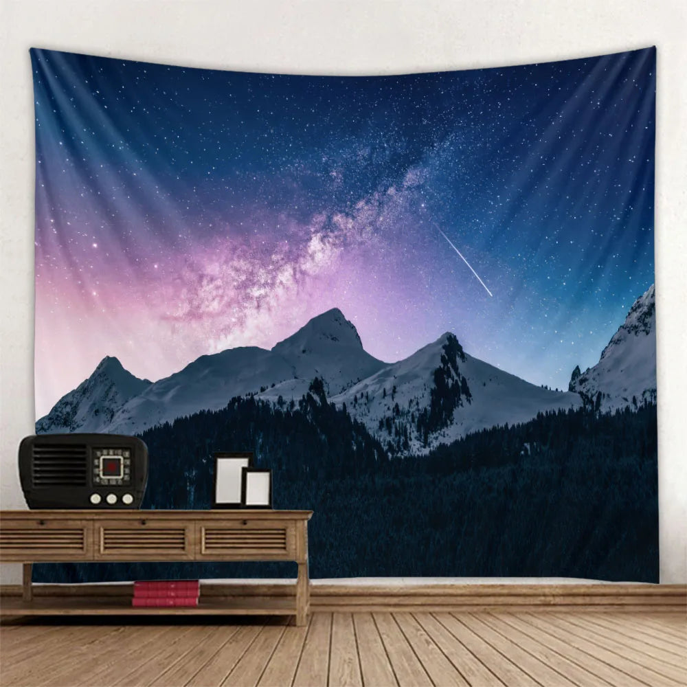 Starry Night Sky Wilderness Forest Backdrop Tapestry Wall Decoration Inspirational Mountain Forest Landscape Hanging Tapestry Creative Artistic Home Decor