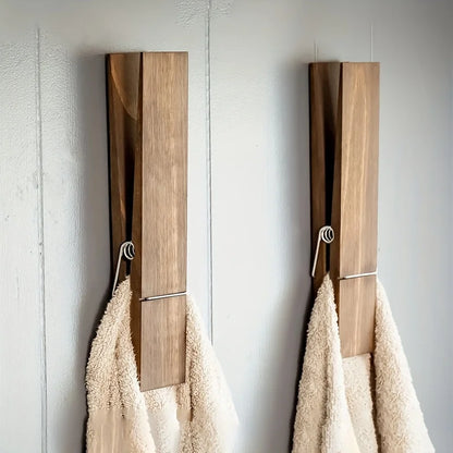 Large Wooden Towel Peg – Wall-Mounted Towel Clip Holder for Bathroom & Laundry Room Storage