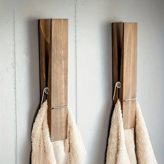 Large Wooden Towel Peg – Wall-Mounted Towel Clip Holder for Bathroom & Laundry Room Storage