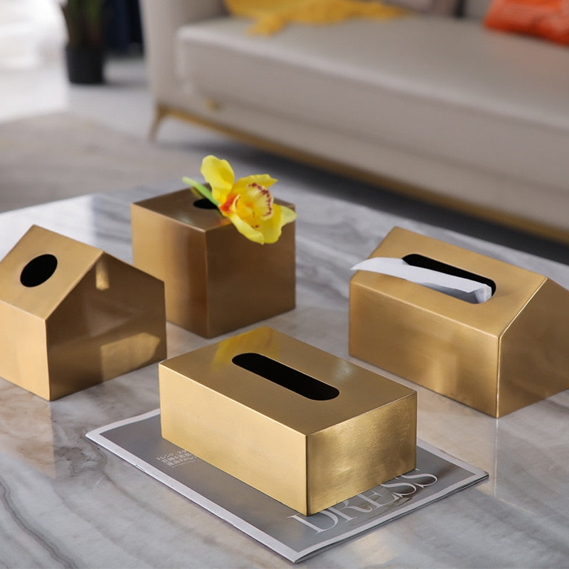 Light Luxury Golden Brass Crafted Tissue Box Modern Geometric Square Housing For Tissues Napkins Etc Living Room Dining Room Decor