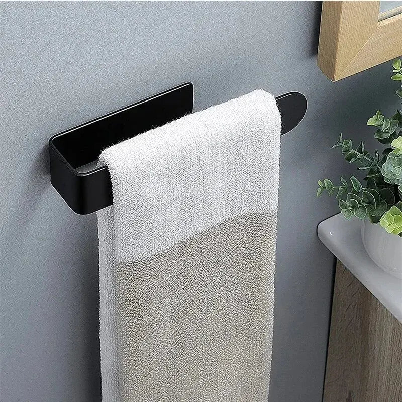Self‑Adhesive Towel Rack – No‑Drilling Required Sleek Bathroom & Kitchen Towel Holder for Easy Wall Mounting - in Black & Stainless Steel Finishes