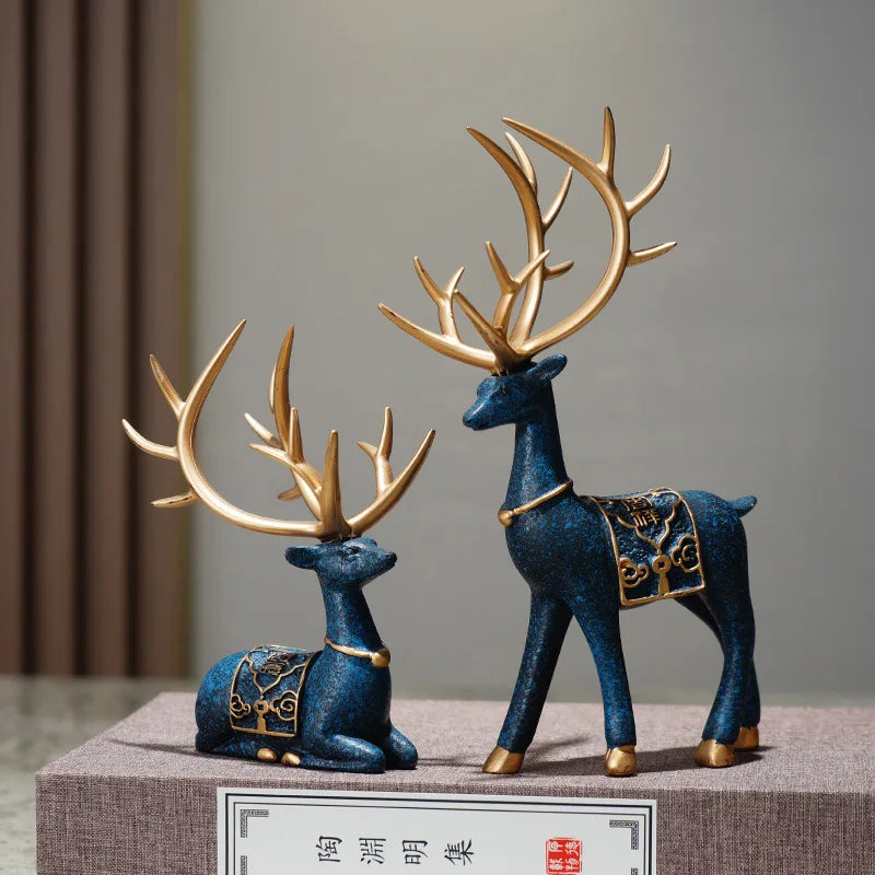 Set of 2Pcs Auspicious Golden Antlered Reindeer Figurines Resin Deer Ornaments For Living Room Coffee Table Desktop Mantelpiece Decor