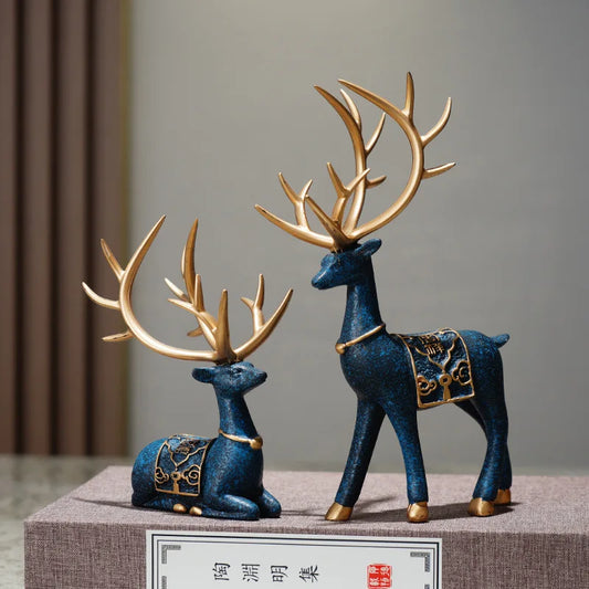 Set of 2Pcs Auspicious Golden Antlered Reindeer Figurines Resin Deer Ornaments For Living Room Coffee Table Desktop Mantelpiece Decor