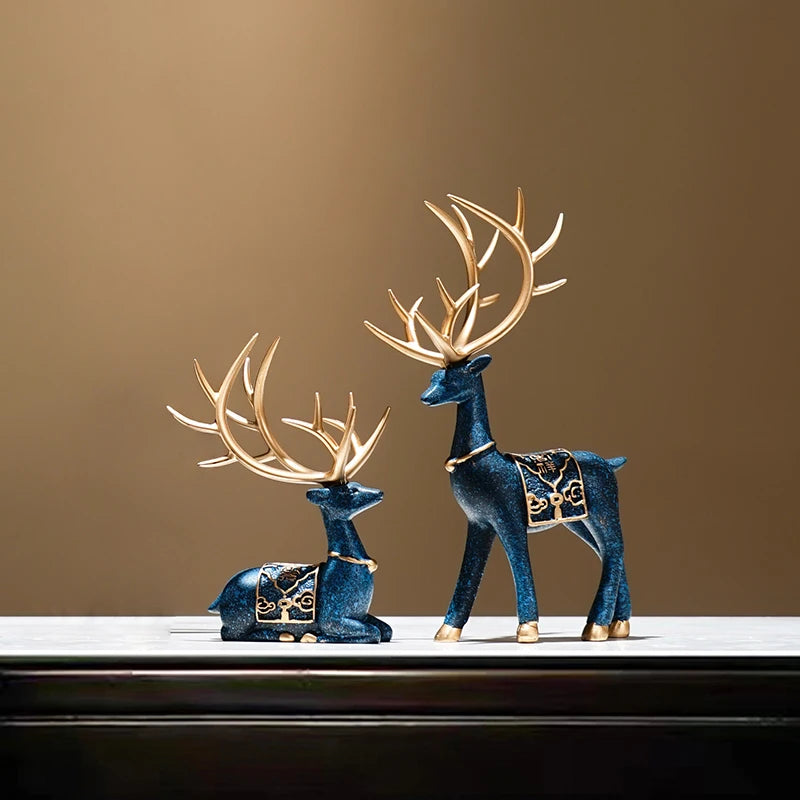 Set of 2Pcs Auspicious Golden Antlered Reindeer Figurines Resin Deer Ornaments For Living Room Coffee Table Desktop Mantelpiece Decor
